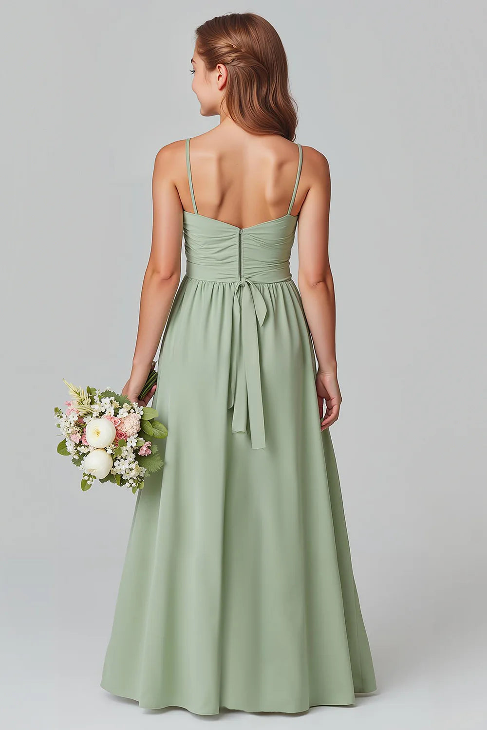 Ruffled Chiffon Sage Green A Line Spaghetti Straps Long Junior Bridesmaid Dress