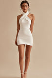 Halter Neck A Line Satin Little White Dress