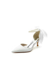Pointed Toe Glitter Crystal Ribbons Faux Pearl Pumps