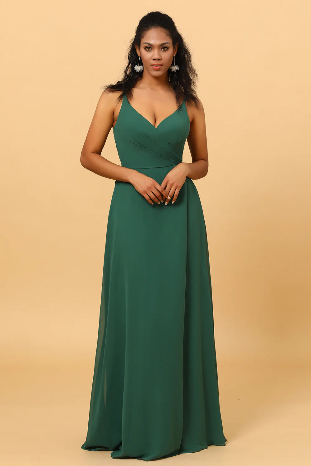 A Line V Neck Spaghetti Straps Floor Length Long Chiffon Bridesmaid Dress