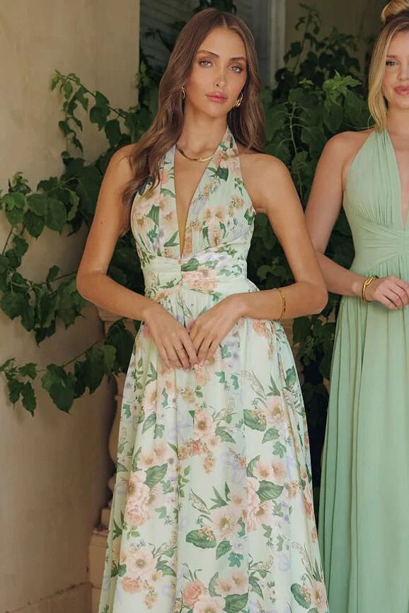 CHEYENNE GOWN SAGE FLORAL CHIFFON HALTER DRESS