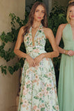 CHEYENNE GOWN SAGE FLORAL CHIFFON HALTER DRESS