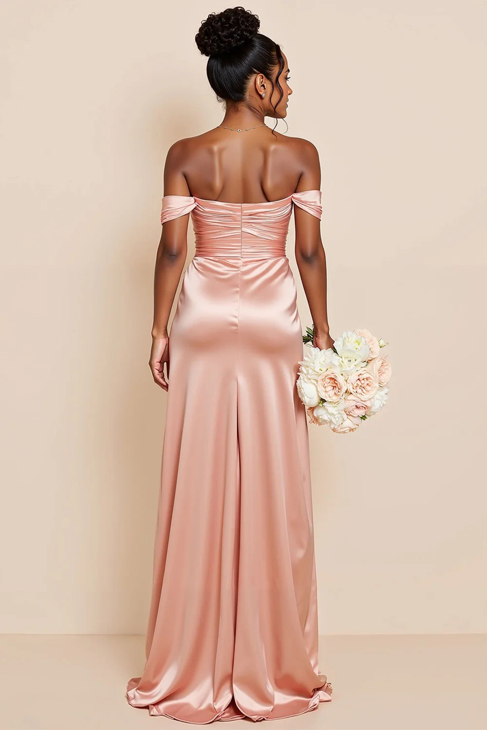 Blush Pink Mermaid Off the Shoulder Cut Out Satin Bridesmaid Dress with Slit