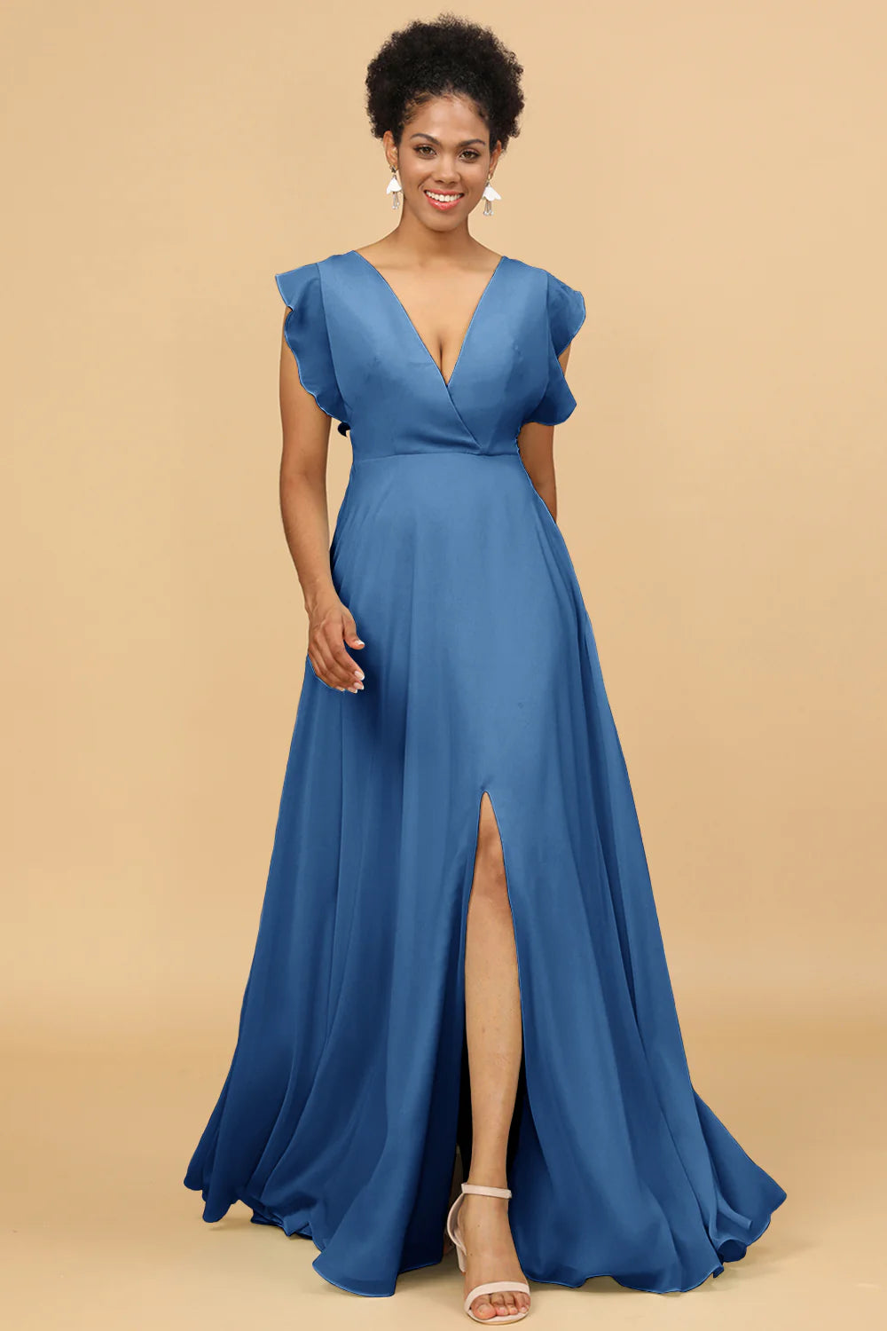 A Line V Neck Floor Length Chiffon Bridesmaid Dress with Slit
