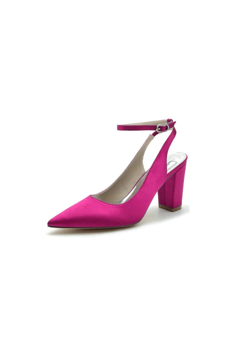 Satin Pointed Toe Ankle Strap Chunky Heels