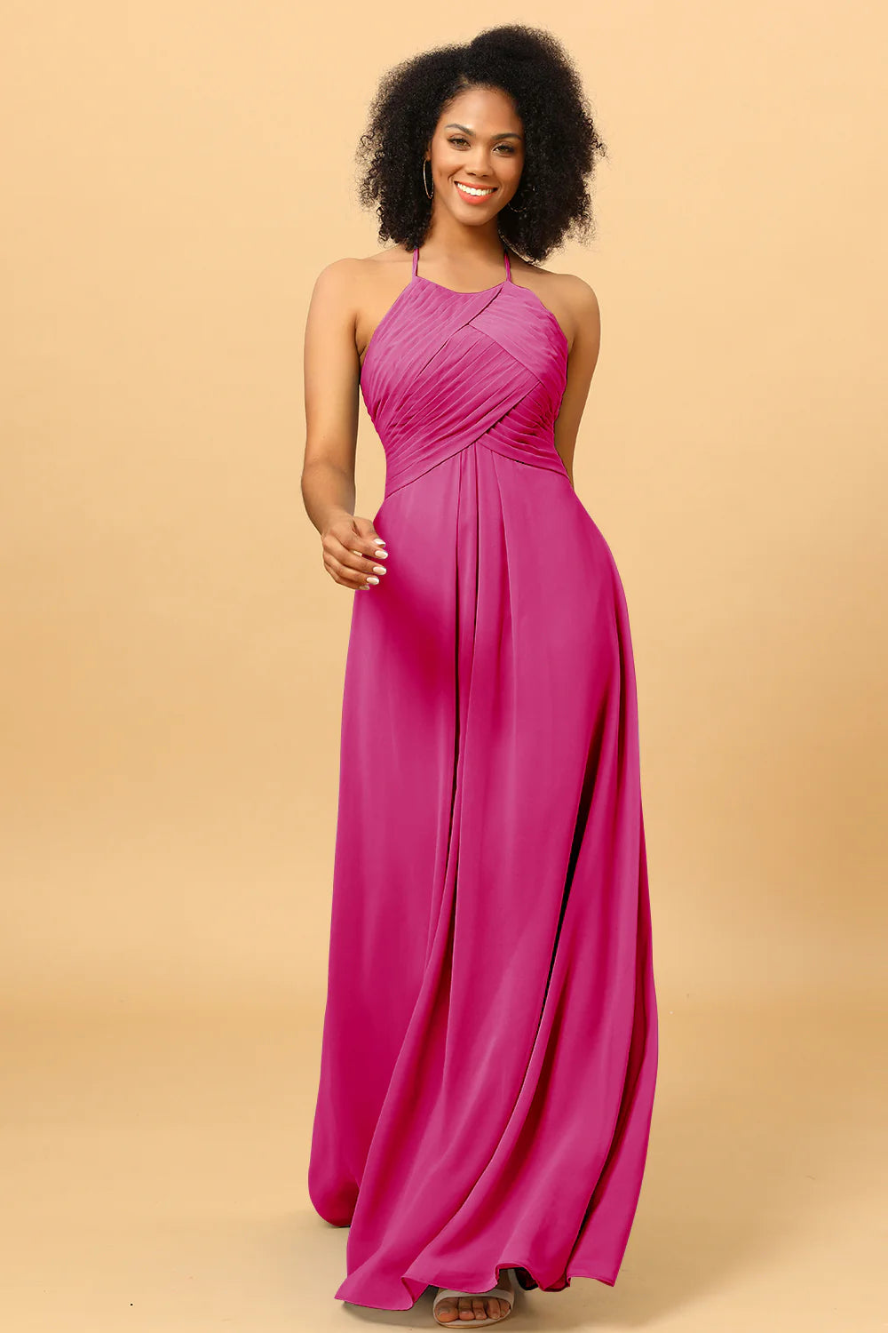 Sheath Halter Open Back Long Chiffon Bridesmaid Dress