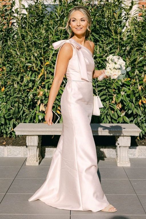 One Shoulder Stretch Matte Satin Sheath Long Bridesmaid Dresses