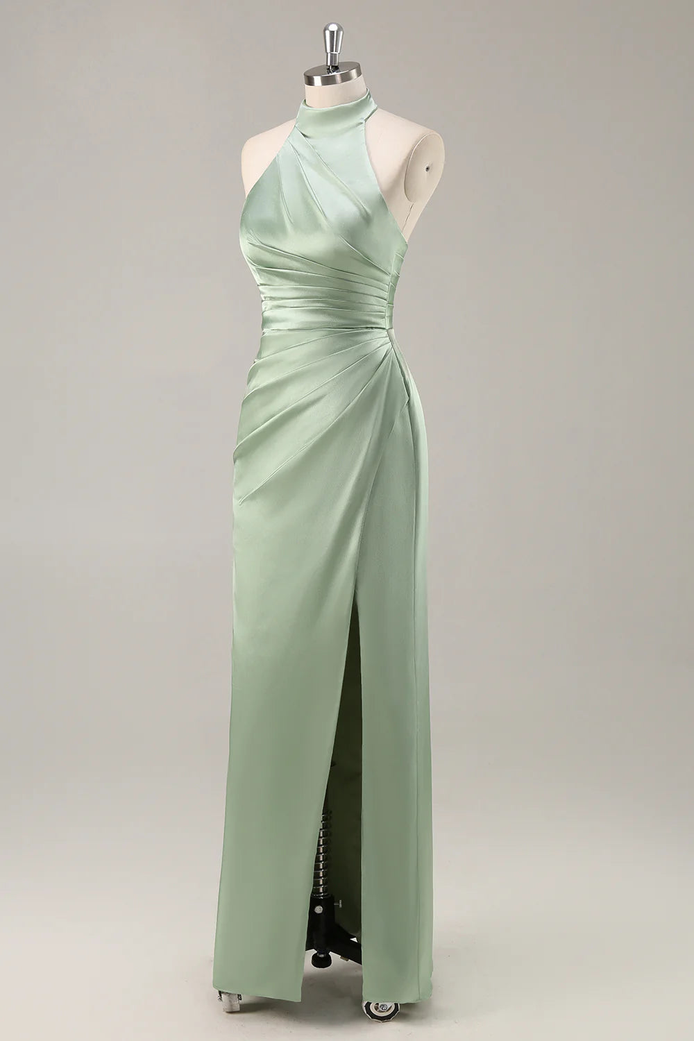 Blush Sheath Halter Satin Pleated Open Back Long Bridesmaid Dress with Slit