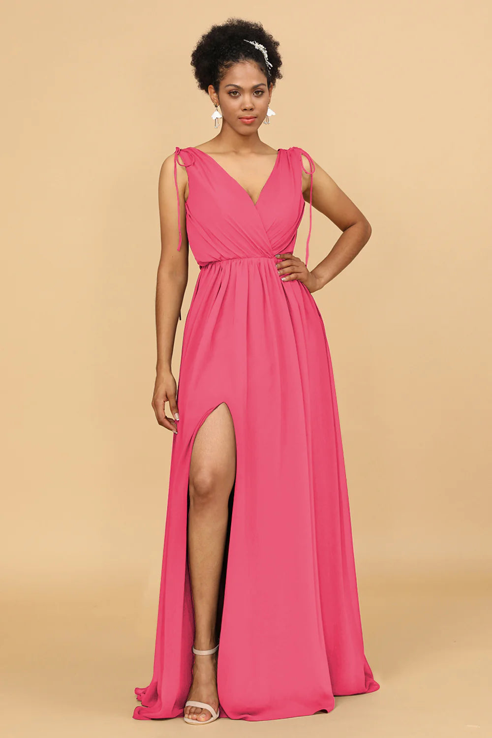 A Line Ruched V Neck Sleeveless Chiffon Bridesmaid Dress with Slit