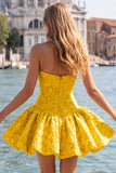 Yellow Strapless A Line Jacquard Corset Homecoming Dress