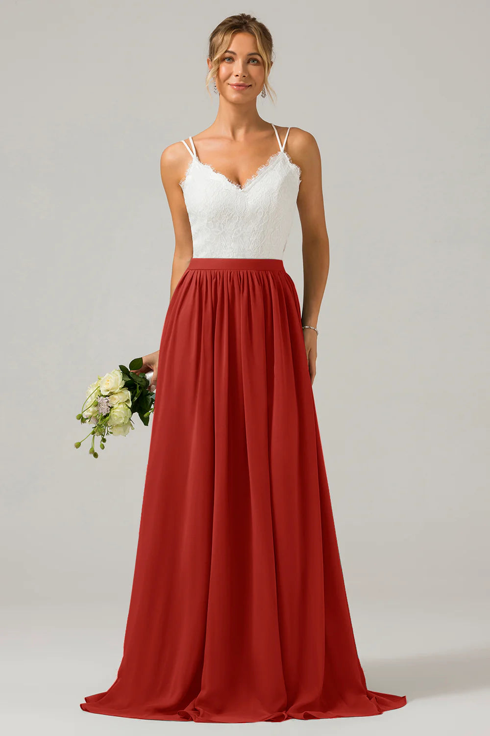 A Line Spaghetti Straps Pleated Long Bridesmaid Dress With Lace