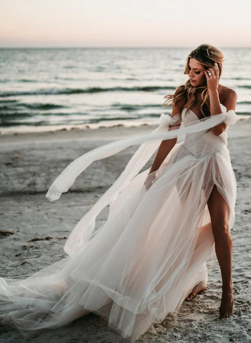 Beach Pleated Tulle Off The Shoulder A Line Wedding Dresses With Slit