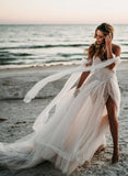 Beach Pleated Tulle Off The Shoulder A Line Wedding Dresses With Slit