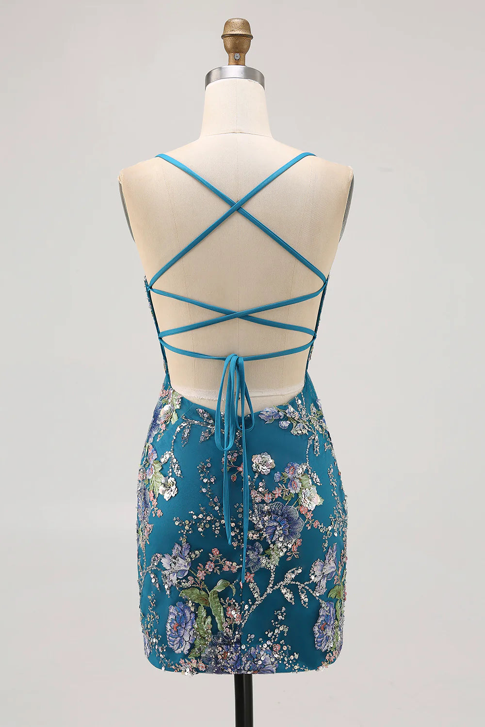 Peacock Floral Tight Spaghetti Straps Short Homecoming Dress with Sequins