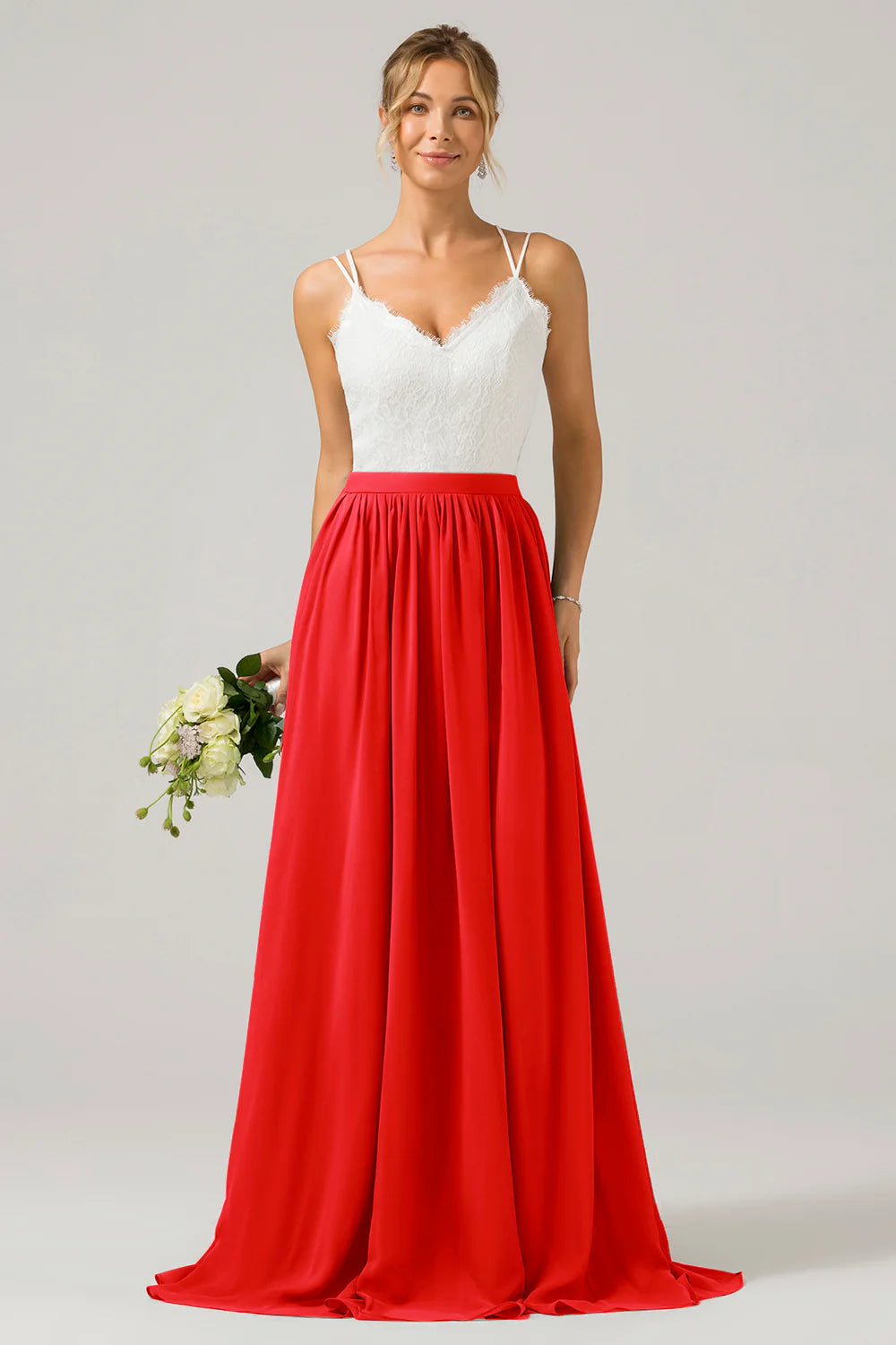 A Line Spaghetti Straps Pleated Long Bridesmaid Dress With Lace