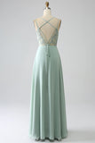 Matcha A Line Spaghetti Straps Pleated Chiffon Floor Length Bridesmaid Dress