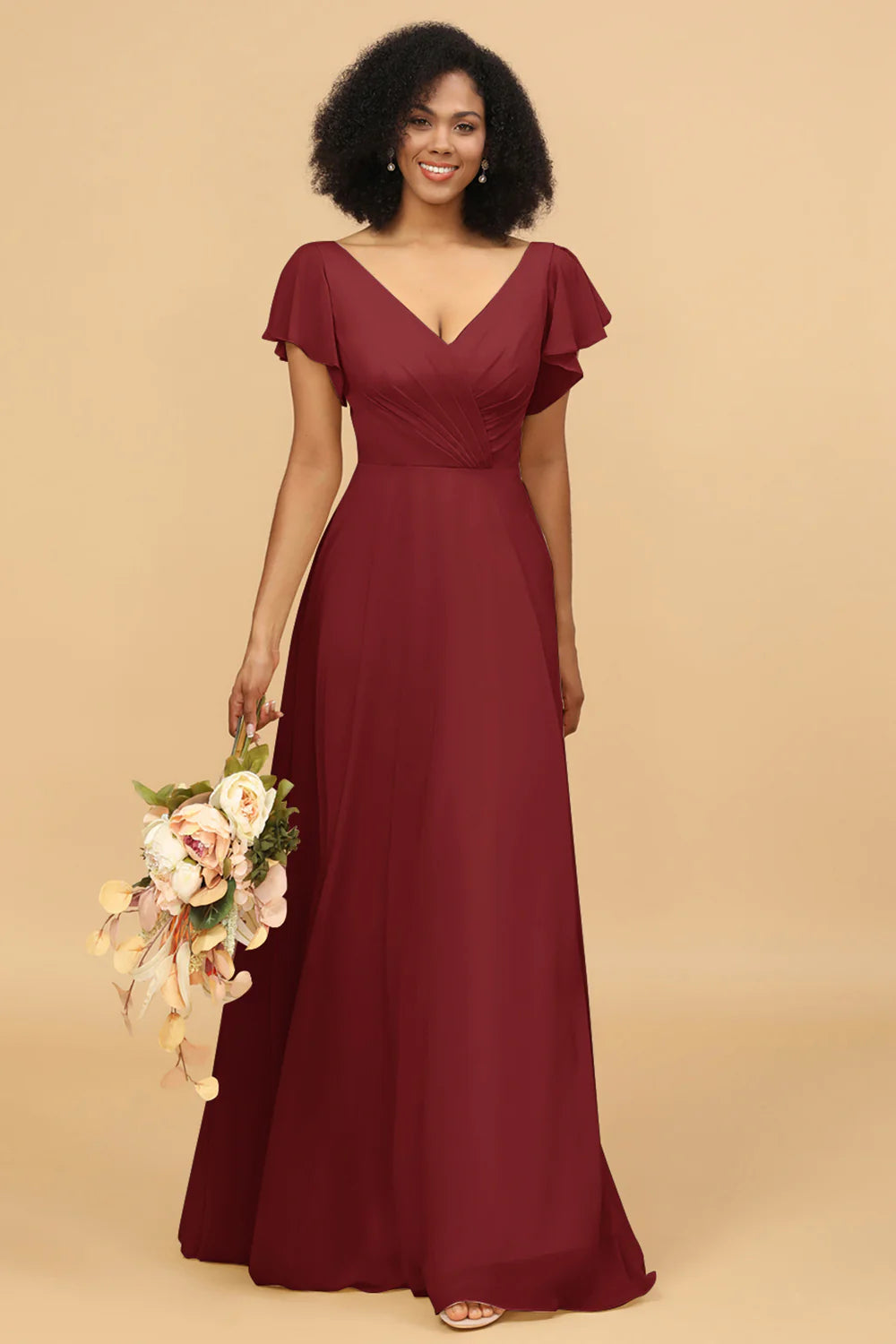 V Neck Cape Long Floor Length Chiffon Bridesmaid Dress