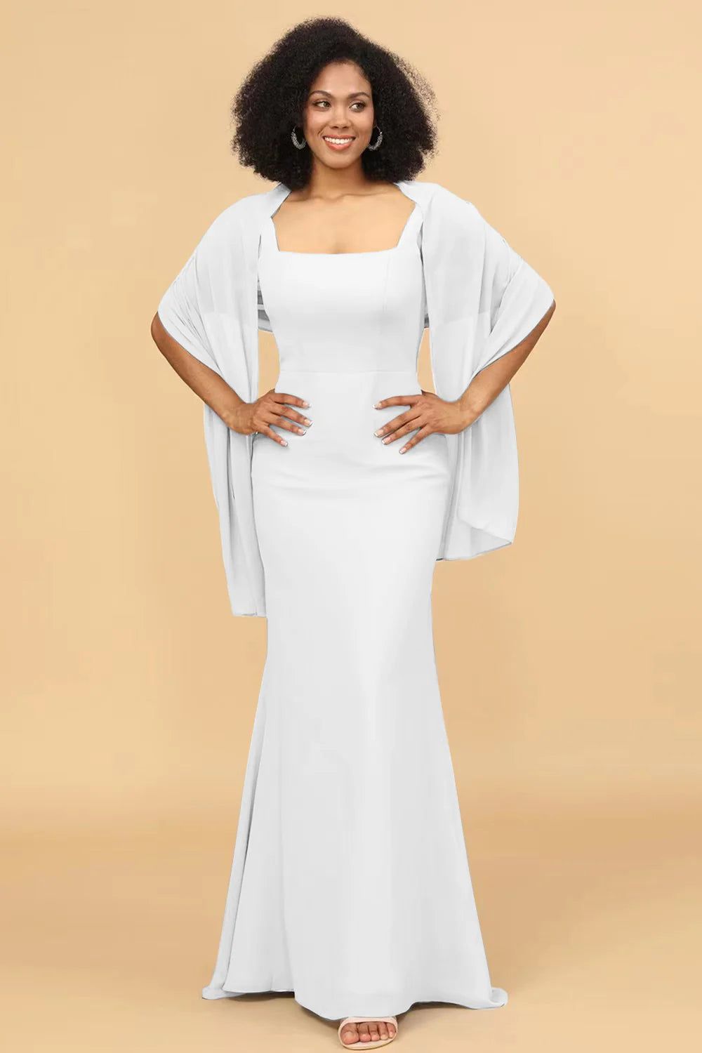Mermaid Square Neck Long Chiffon Bridesmaid Dress with Cape