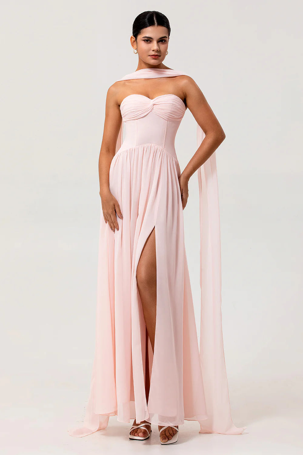 Blush A Line Strapless Ruched Corset Chiffon Convertible Long Plus Size Bridesmaid Dress with Slit