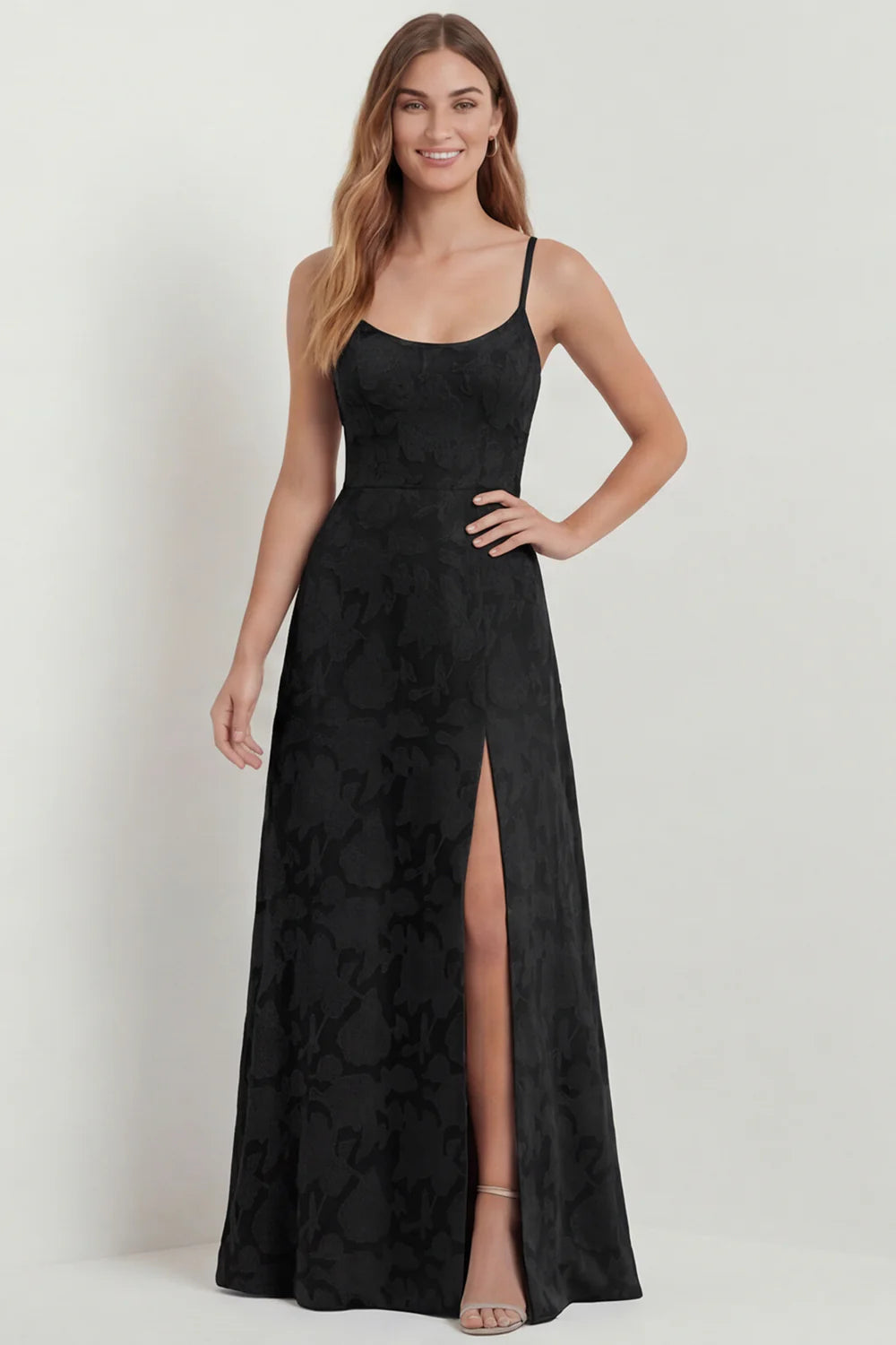 Dusty Blue A Line Floral Burnout Maxi Bridesmaid Dress with Slit