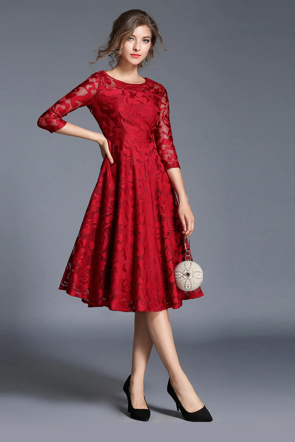 Peacock A Line Round Neck Midi Mother Of The Bride Dress with Half Sleeves