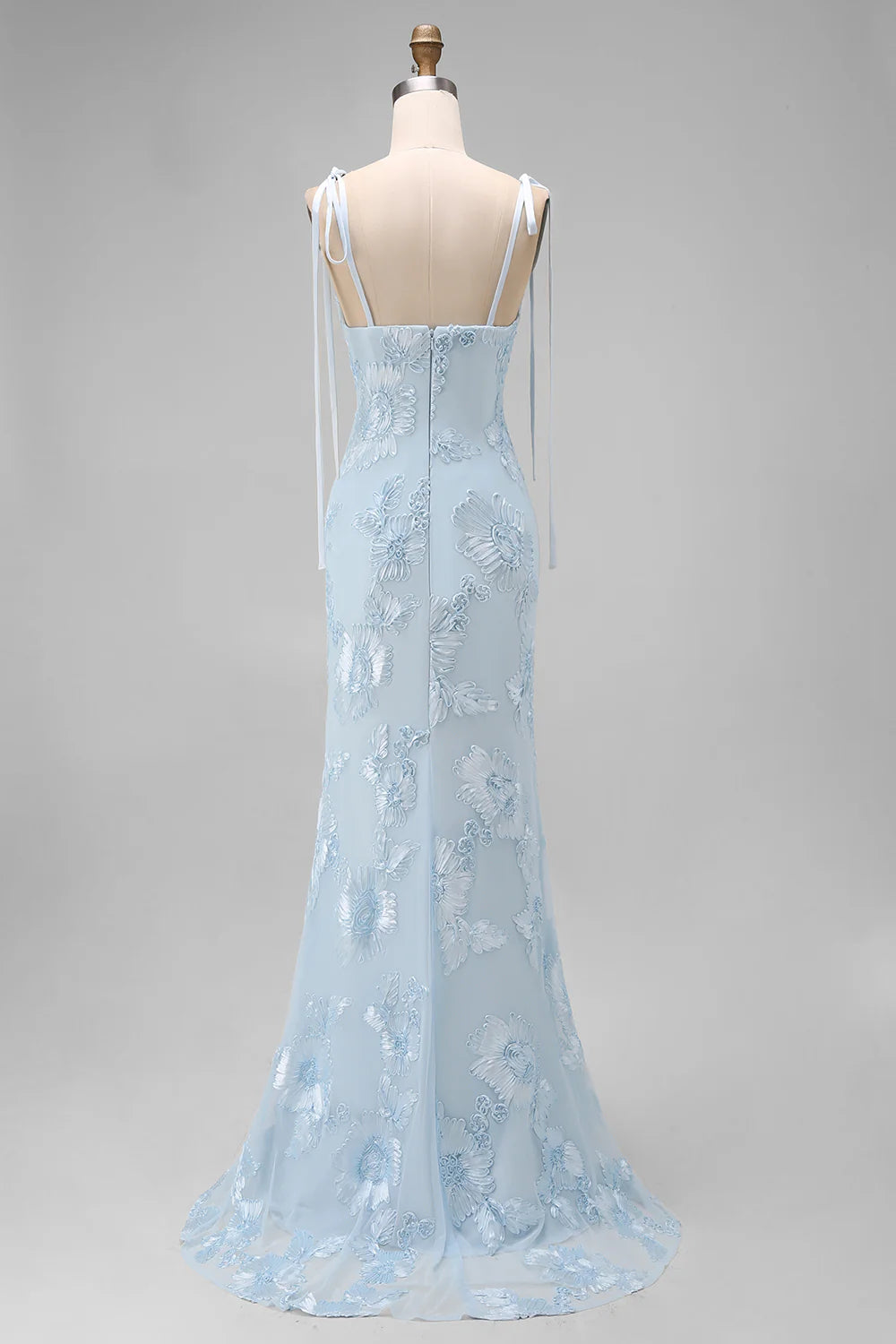 Light Blue Mermaid Spaghetti Straps Long Prom Dress with Appliques