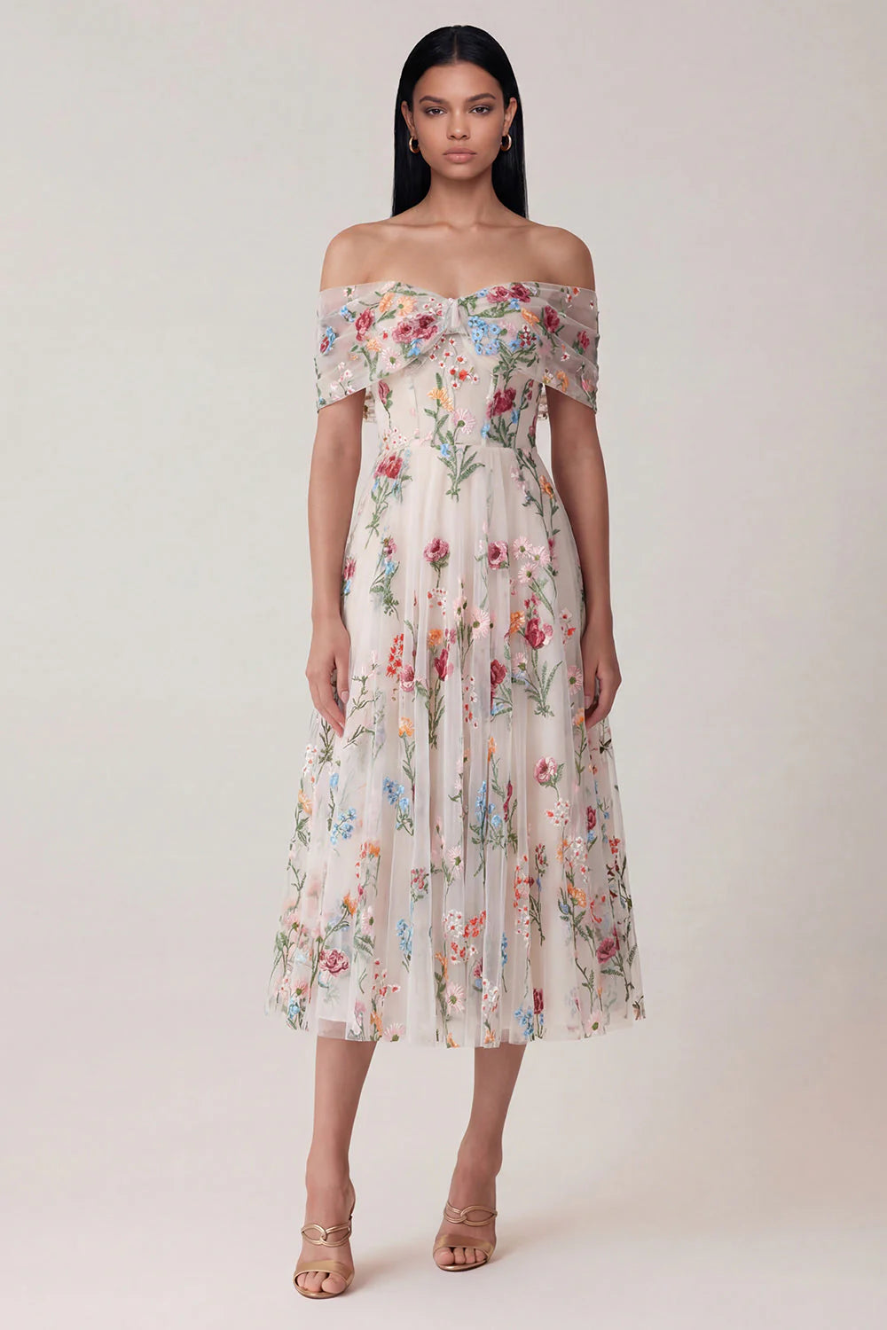 Black Off the Shoulder Floral Embroidered Midi Wedding Guest Dress