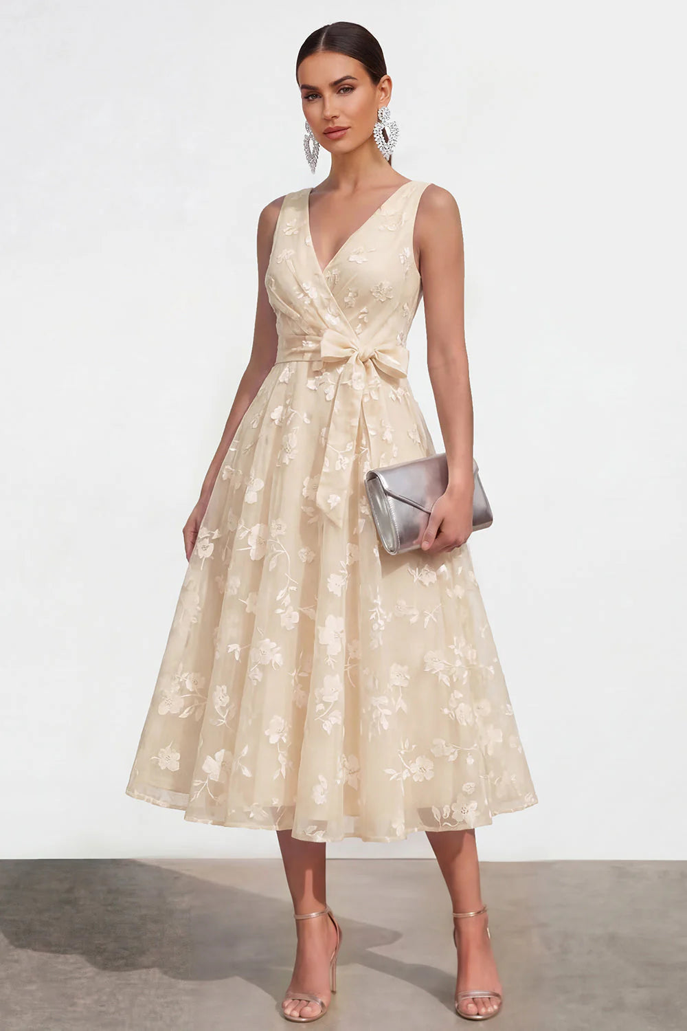 Blue Floral A Line Midi Wedding Guest Dress with Bow