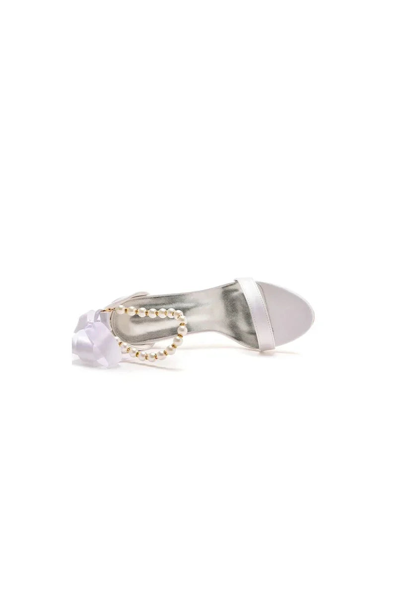 Elegant Pearl Ribbon Tie Satin Open Toe Ankle Strap Block High Heels