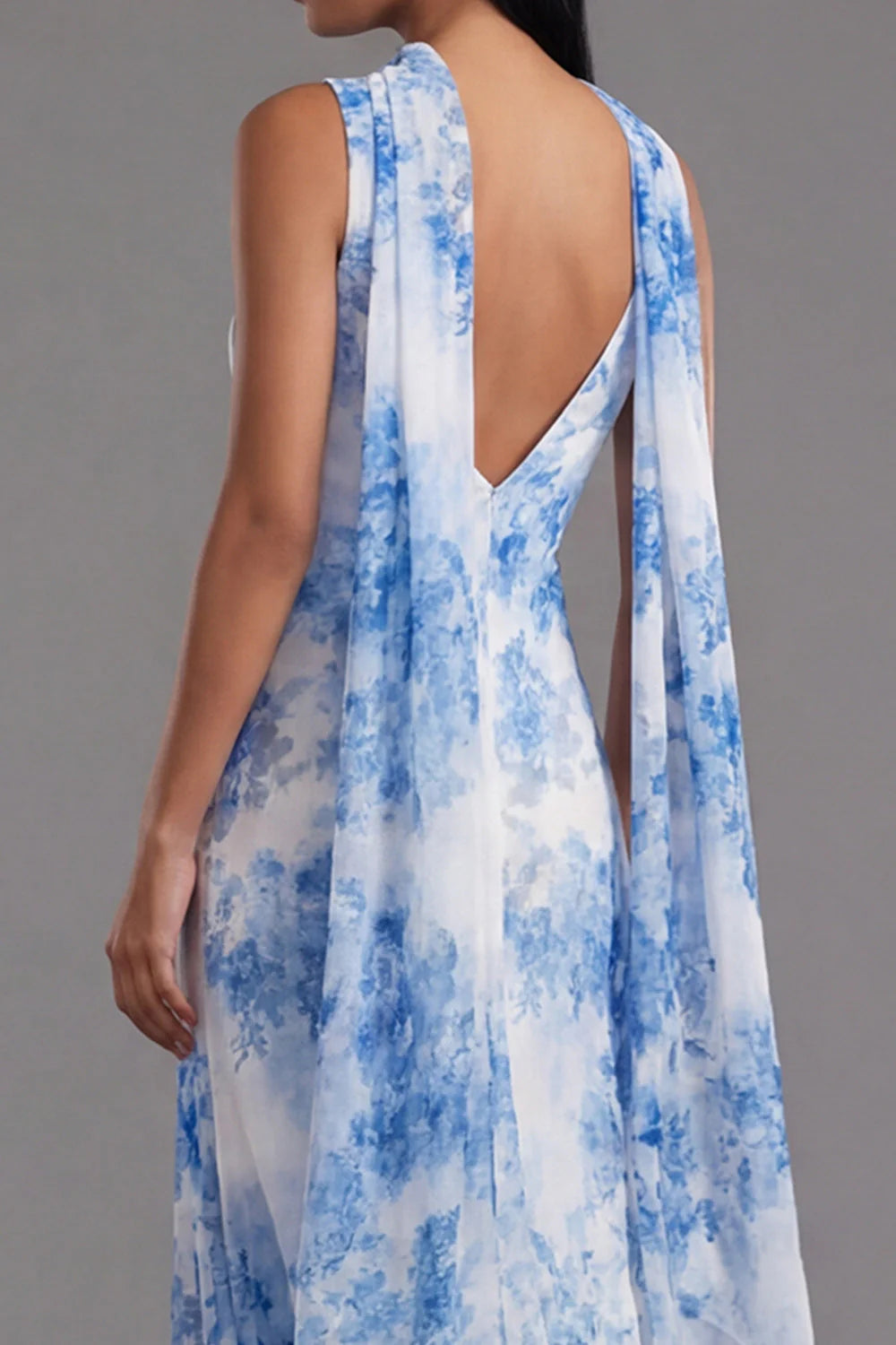 Blue Floral Cowl Neck Wedding Guest Dress with Sash