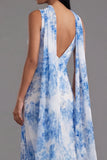 Blue Floral Cowl Neck Wedding Guest Dress with Sash