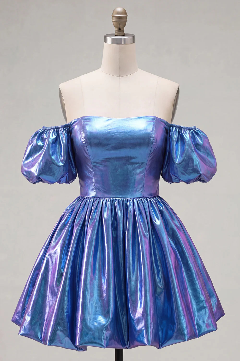 Fuchsia Metallic Off the Shoulder A Line Homecoming Dress with Puff Sleeves