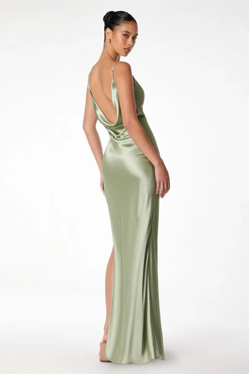 Lina Satin Cowl Neck Maxi Dress with Draped Back