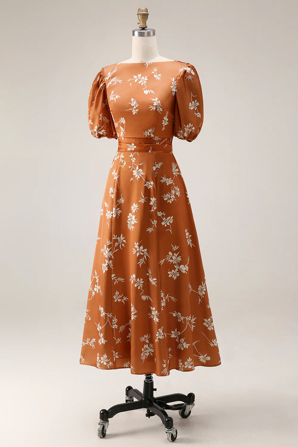 Orange Floral Printed A Line Midi Wedding Guest Dress with Short Sleeves