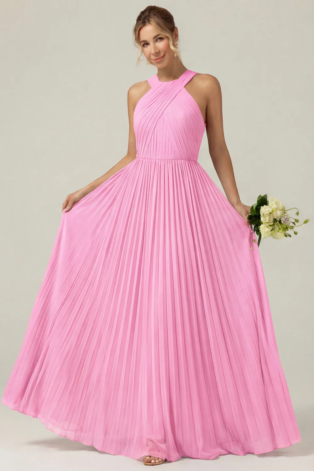 Dusty Sage A Line Halter Pleated Long Bridesmaid Dress