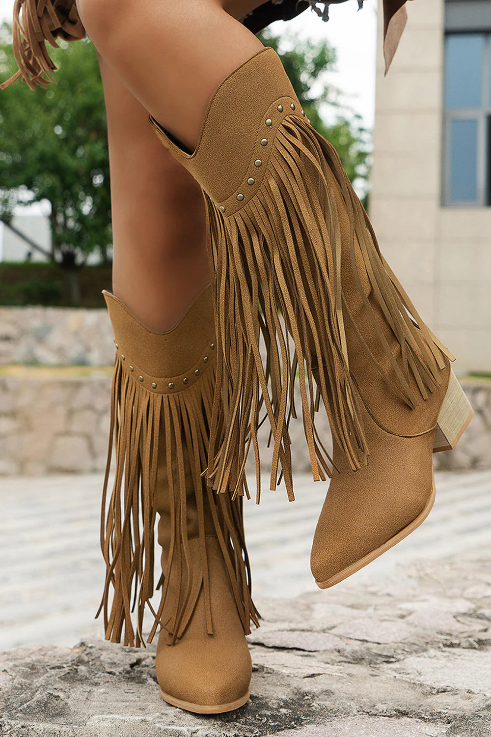 Black Fringe Studded Mid Calf Cowboy Boots
