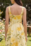 A Line Square Neck Floral Yellow Wedding Guest Dress
