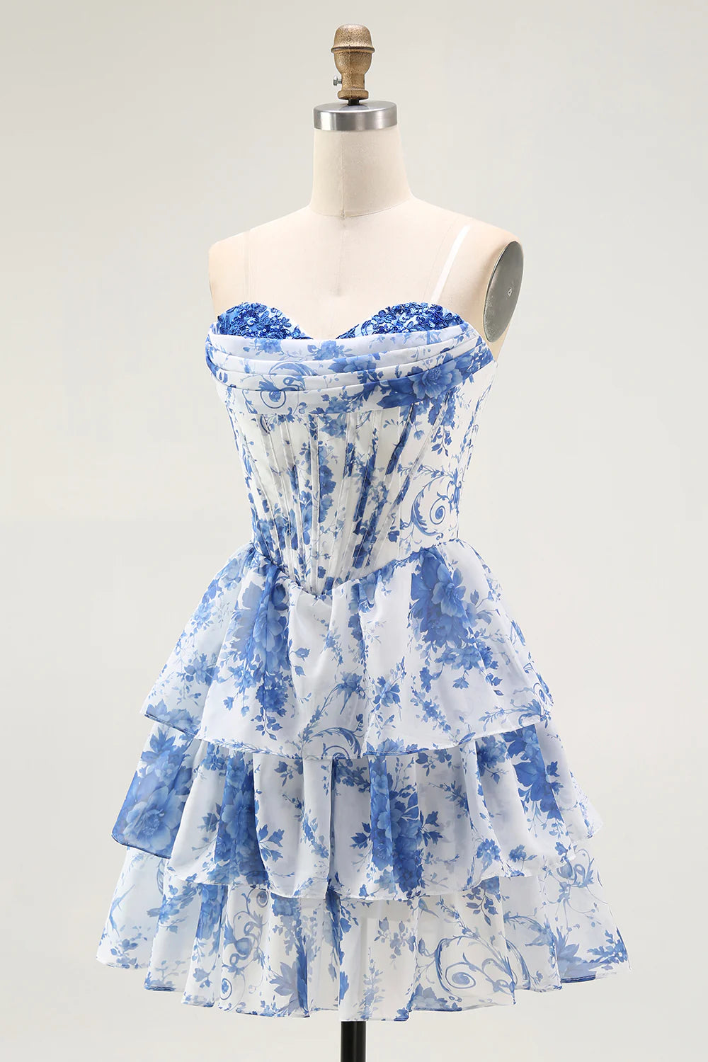 Strapless White Blue Flower A Line Corset Mini Homecoming Dress with Ruffles