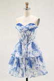 Strapless White Blue Flower A Line Corset Mini Homecoming Dress with Ruffles