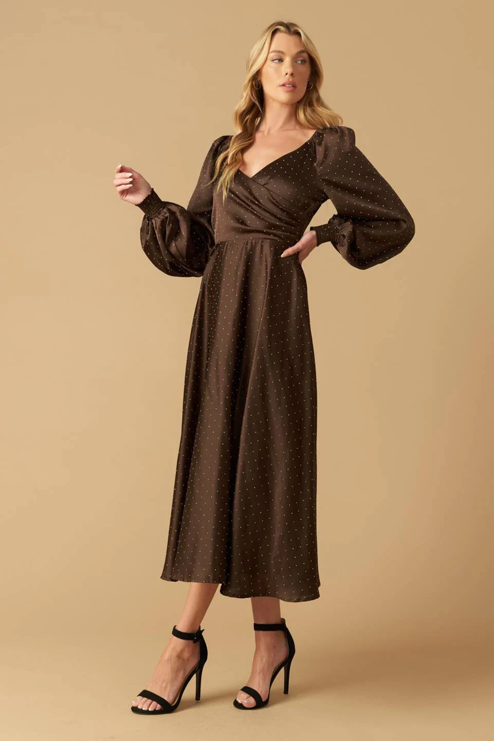 ROMANTIC LOVE BROWN LONG SLEEVE MIDI DRESS FINAL SALE