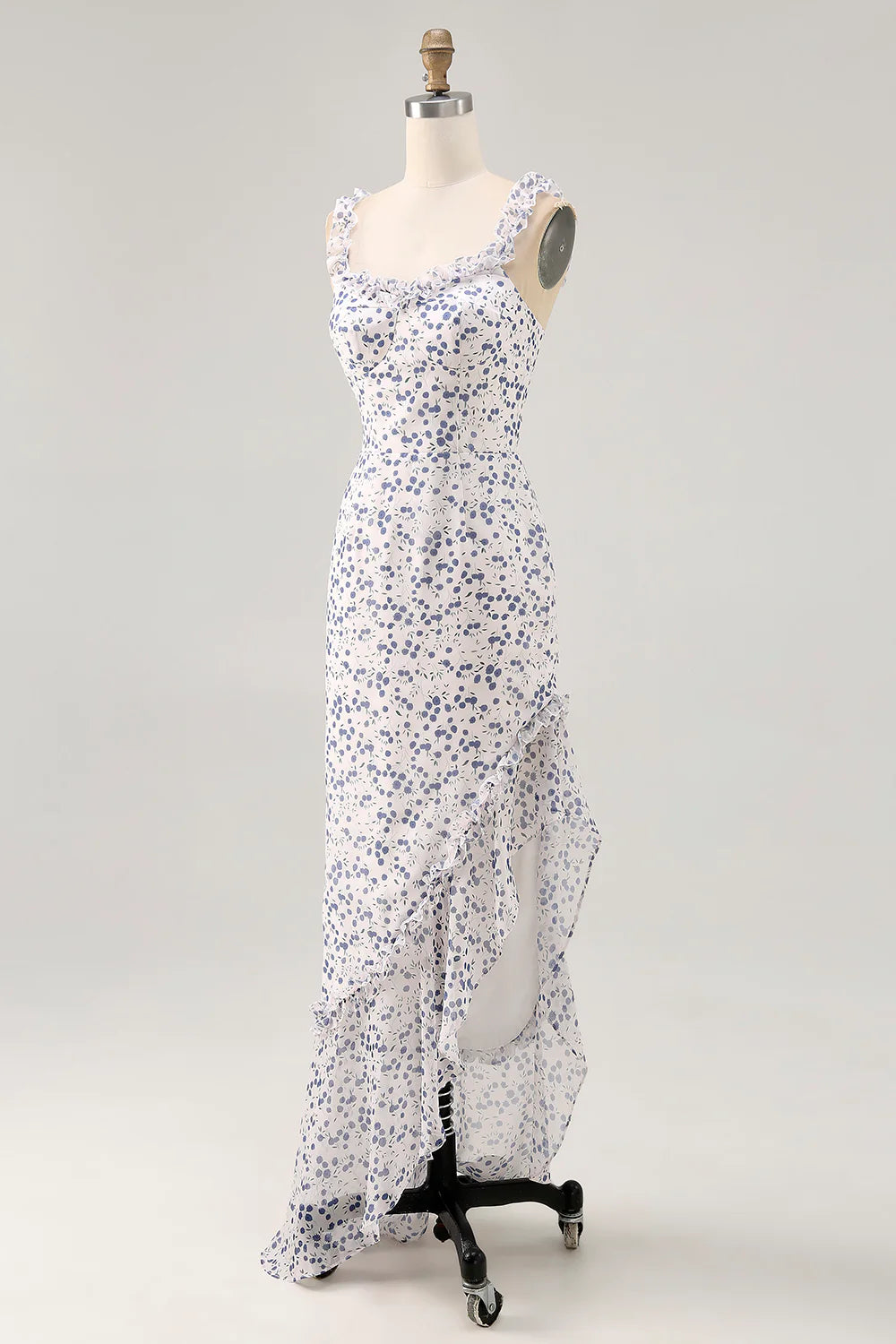 Blue Flower Sheath Chiffon Bridesmaid Dress with Ruffled Slit
