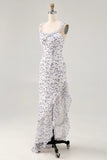 Blue Flower Sheath Chiffon Bridesmaid Dress with Ruffled Slit