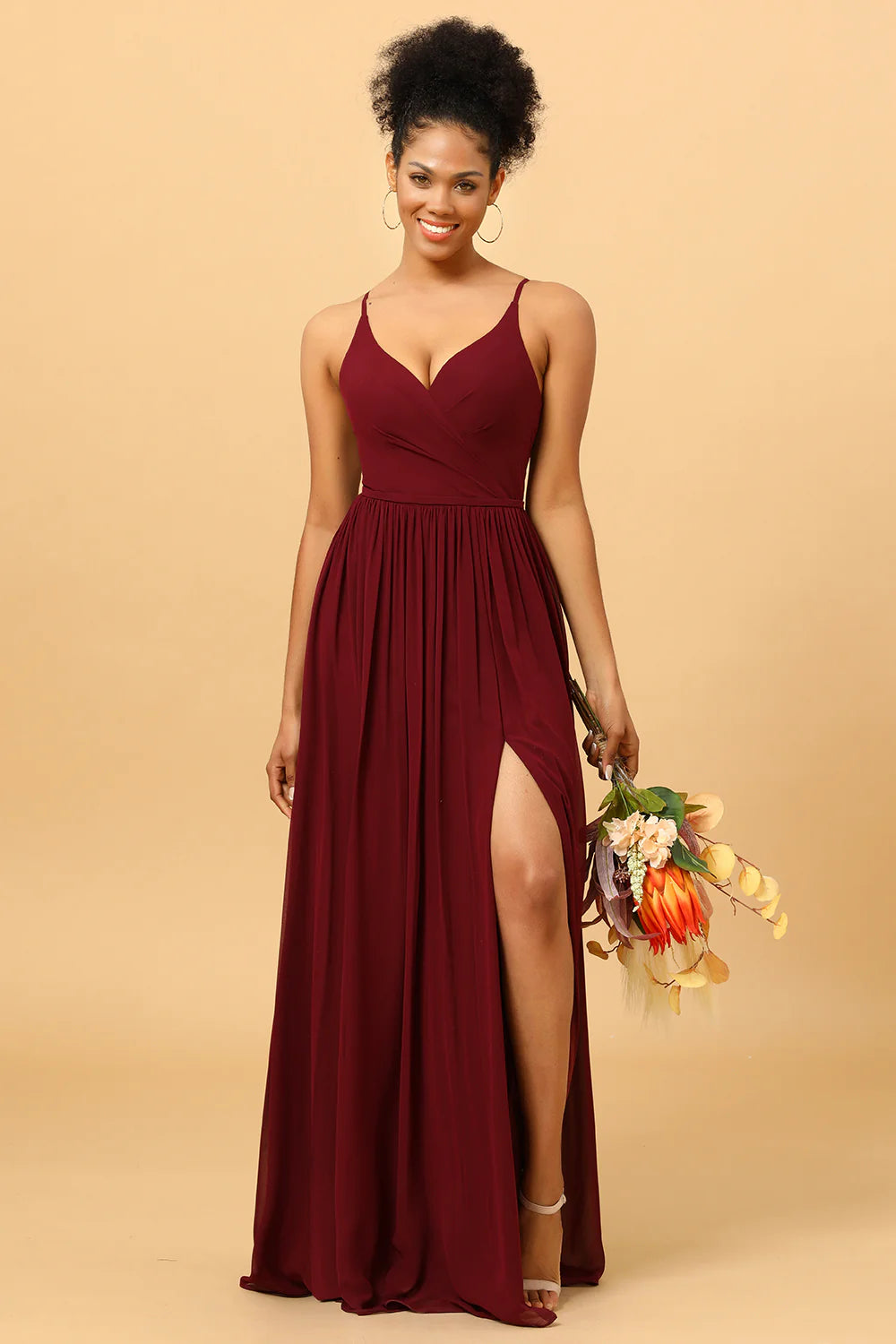 Burgundy A Line Spaghetti Straps Ruched Long Chiffon Bridesmaid Dress with Slit