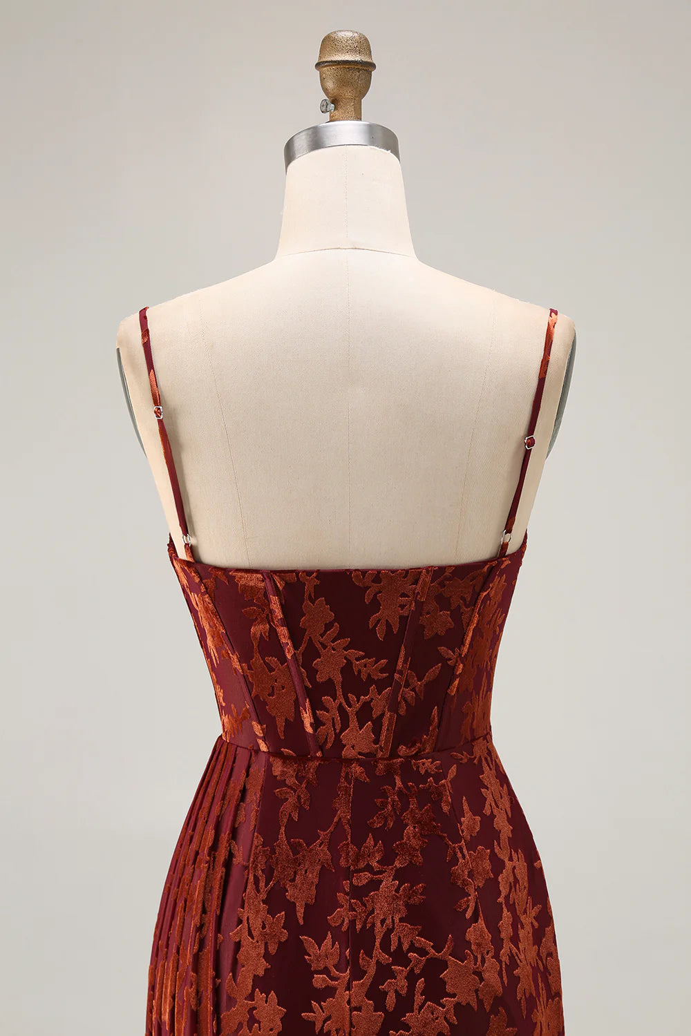 Burgundy Mermaid Corset Streamer Velvet Burnout Long Bridesmaid Dress with Slit
