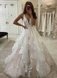 Elegant A Line V Neck Wedding Dresses with Appliques