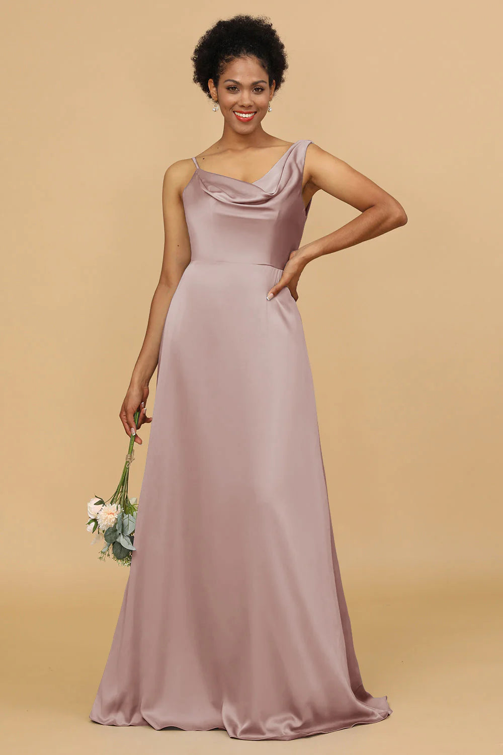 A Line Asymmetrical Neck Satin Floor Length Bridesmaid Dress
