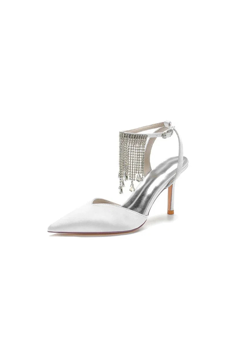 Pointed Toe Crystal Tassel Strap Heels