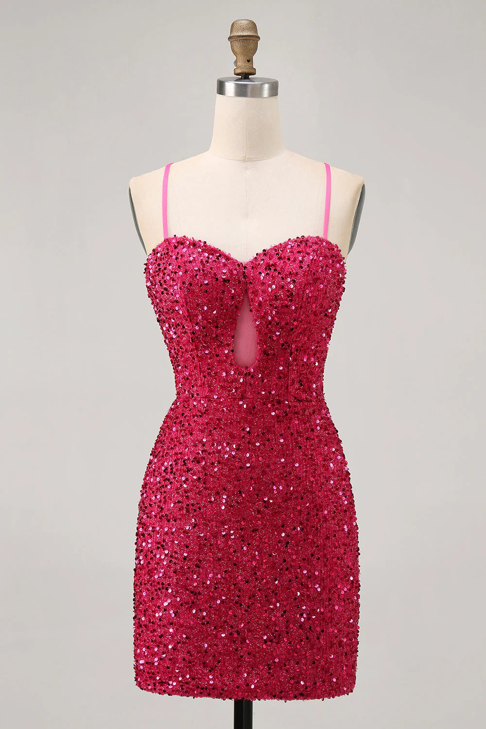 Sparkly Fuchsia Sequins Spaghetti Straps Short Tight Homecoming Dress