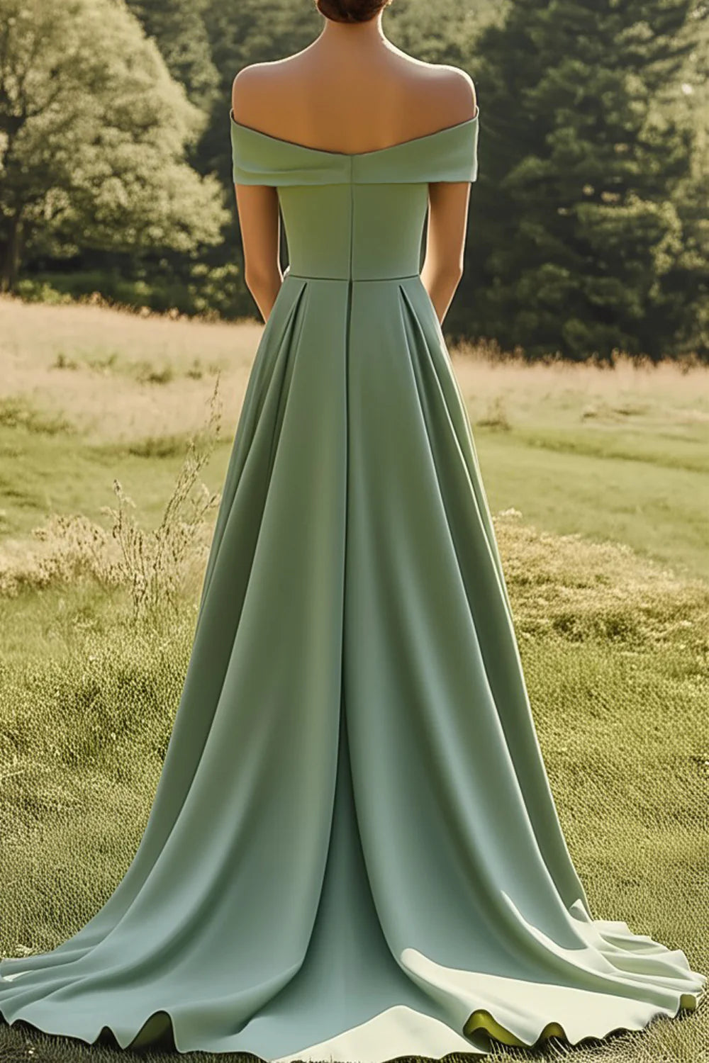 Off The Shoulder Sage Slim Formal Dress with Wide Hem