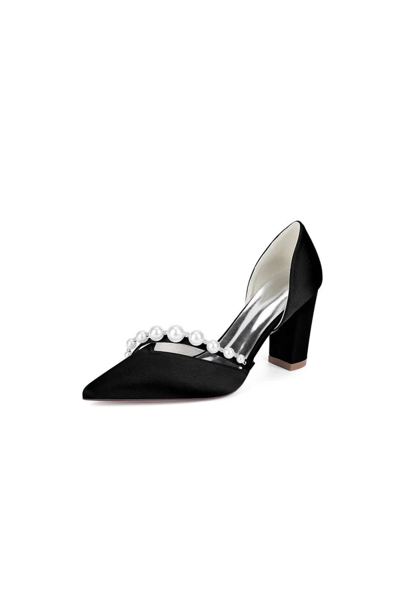 White Satin High Heels with Pearl Embellishments